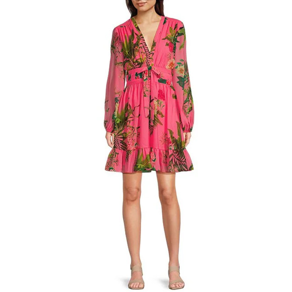 Alex Marie Shannon Tropical Floral Print Chiffon Bow Waist Ruffle Hem Dress Sz 4 - Picture 1 of 10